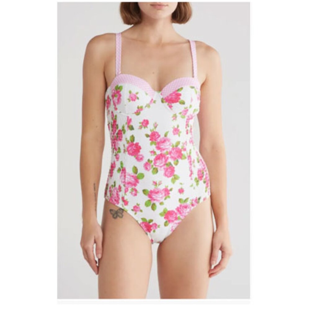 Betsey Johnson Smocked Corset One-Piece Swimsuit